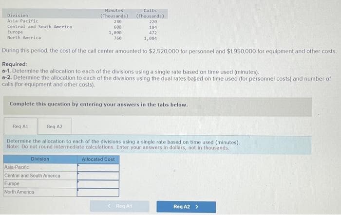 Calls
(Thousands)
220
184
472
1,084
During this period, the cost of the call center amounted to $2,520,000 for personnel and $1,950,000 for equipment and other costs.
Required:
a-1. Determine the allocation to each of the divisions using a single rate based on time used (minutes).
a-2. Determine the allocation to each of the divisions using the dual rates based on time used (for personnel costs) and number of
calls (for equipment and other costs).
Division
Asia-Pacific
Central and South America
Europe
North America
Req A1
Complete this question by entering your answers in the tabs below.
Reg A2
Minutes
(Thousands)
280
608
1,000
760
Asia-Pacific
Central and South America
Europe
North America
Determine the allocation to each of the divisions using a single rate based on time used (minutes).
Note: Do not round intermediate calculations. Enter your answers in dollars, not in thousands.
Division
Allocated Cost
Req A1
Req A2 >