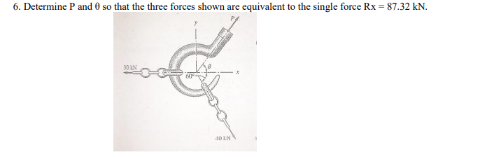 6. Determine P and 0 so that the three forces shown are equivalent to the single force Rx = 87.32 kN.
30 N
40 IN
