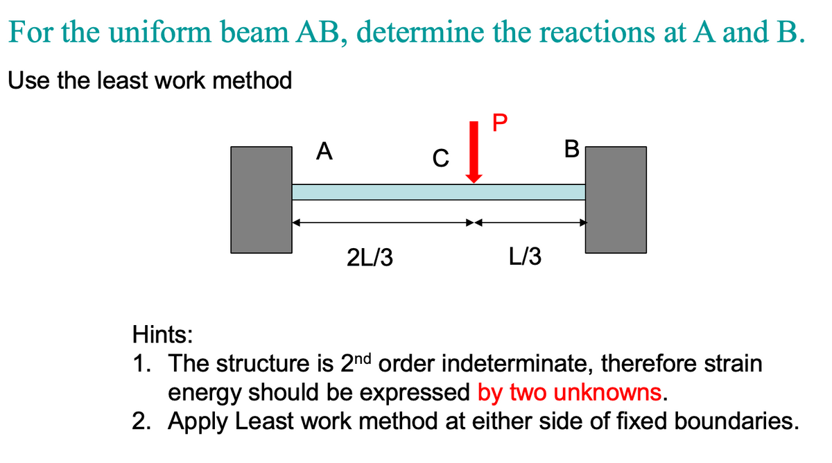 For the uniform beam AB, determine the reactions at A and B.
Use the least work method
A
2L/3
P
C
c[²
L/3
B
Hints:
1. The structure is 2nd order indeterminate, therefore strain
energy should be expressed by two unknowns.
2. Apply Least work method at either side of fixed boundaries.