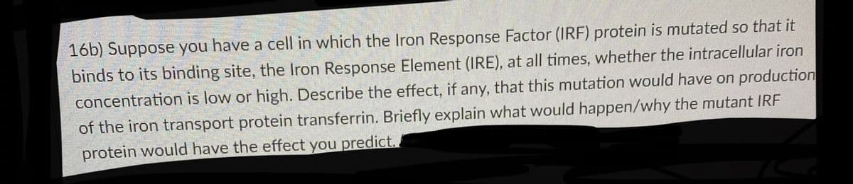 16b) Suppose you have a cell in which the Iron Response Factor (IRF) protein is mutated so that it
binds to its binding site, the Iron Response Element (IRE), at all times, whether the intracellular iron
concentration is low or high. Describe the effect, if any, that this mutation would have on production
of the iron transport protein transferrin. Briefly explain what would happen/why the mutant IRF
protein would have the effect you predict.
