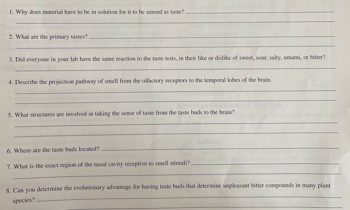 1. Why does material have to be in solution for it to be sensed as taste?
2. What are the primary tastes?
3. Did everyone in your lab have the same reaction to the taste tests, in their like or dislike of sweet, sour, salty, umami, or bitter?
4. Describe the projection pathway of smell from the olfactory receptors to the temporal lobes of the brain.
5. What structures are involved in taking the sense of taste from the taste buds to the brain?
6. Where are the taste buds located?
7. What is the exact region of the nasal cavity receptive to smell stimuli?
8. Can you determine the evolutionary advantage for having taste buds that determine unpleasant bitter compounds in many plant
species?
