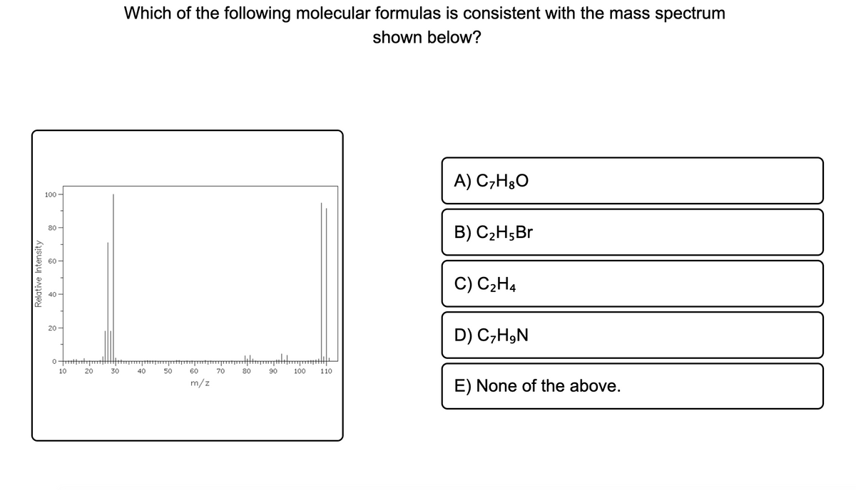 Which of the following molecular formulas is consistent with the mass spectrum
shown below?
A) C,HgO
100
80
B) C2H5Br
60
C) C2H4
40
20
D) C,H,N
10
20
30
40
50
60
70
80
90
100
110
m/z
E) None of the above.
Relative Intensity
