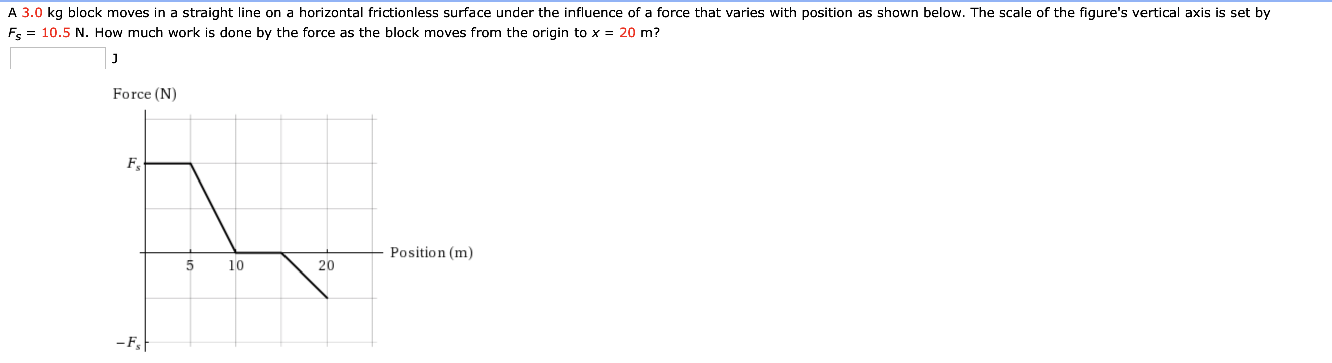 A 3.0 kg block moves in a straight line on a horizontal frictionless surface under the influence of a force that varies with position as shown below. The scale of the figure's vertical axis is set by
10.5 N. How much work is done by the force as the block moves from the origin to x = 20 m?
Force (N)
F,
Position (m)
5
10
20
-FF
