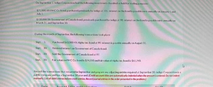 On September 1, Indigo Corporation had the following investments classified as held for trading purposes:
$71,000,6% FMC Co, bond, purchased previously by indigo at 101. Interest on the bond is payable semi-annually on January 1 and
July 13
$130,000 3% Government of Canada bond, previously purchased by indigo at 98. interest on the bond is payable semi-annually on
March 31, and September 30.
During the month of September, the following transactions took places
Sept. 1:
Sept. 30
Sept. 30
Sept. 30
Purchased $63,000 4% Alpha inc. bond at 99. Interest is payable annually on August 31.
Received interest on Government of Canada bond.
Data
Sold the Government of Canada bond at 97.
Fair value on FMC Co. bond is $74,550 and fair value of Alpha Inc. bond is $61,740.
Record the transactions that occurred in September and prepare any adjusting entries required at September 30. indigo Corporation is a
public company and has a September 30 year end. (Credit account titles are automatically indented when the amount is entered. Do not indent
manually. List all debit entries before credit entries Record journal entries in the order presented in the problem)
Account Ti
natt