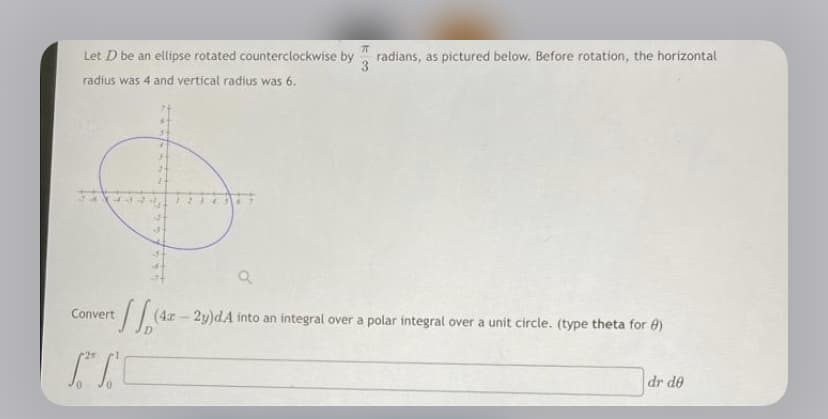 Let D be an ellipse rotated counterclockwise by radians, as pictured below. Before rotation, the horizontal
3
radius was 4 and vertical radius was 6.
44
Convert
[T
4
F
24
24
123
Q
(42-2y)dA into a an integral over a polar integral over a unit circle. (type theta for 8)
[ dr de