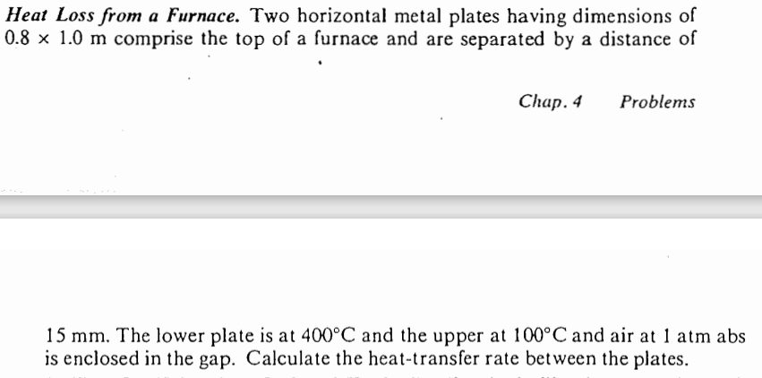 Heat Loss from a Furnace. Two horizontal metal plates having dimensions of
0.8 x 1.0 m comprise the top of a furnace and are separated by a distance of
Chap. 4 Problems
15 mm. The lower plate is at 400°C and the upper at 100°C and air at 1 atm abs
is enclosed in the gap. Calculate the heat-transfer rate between the plates.