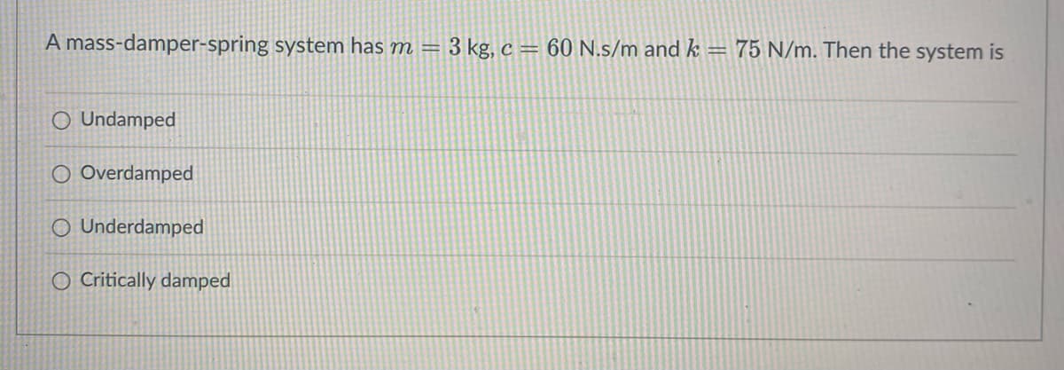 A mass-damper-spring system has m = 3 kg, c = 60 N.s/m and k = 75 N/m. Then the system is
O Undamped
O Overdamped
O Underdamped
O Critically damped