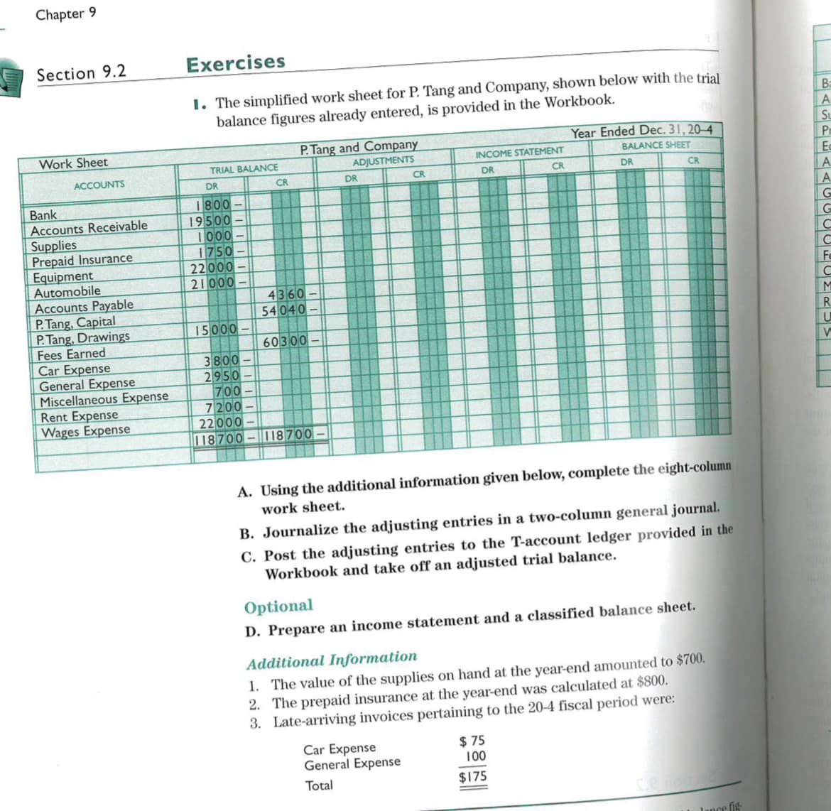 Chapter 9
Section 9.2
Exercises
1. The simplified work sheet for P. Tang and Company, shown below with the trial
balance figures already entered, is provided in the Workbook.
Ba
|A.
Work Sheet
P. Tang and Company
Year Ended Dec. 31, 20–4
Pr
TRIAL BALANCE
ADJUSTMENTS
INCOME STATEMENT
BALANCE SHEET
ACCOUNTS
DR
CR
DR
CR
DR
CR
DR
CR
1800
19500
1000
1750
22000
21000
Bank
Accounts Receivable
Supplies
Prepaid Insurance
Equipment
Automobile
Accounts Payable
P.Tang, Capital
P.Tang, Drawings
Fees Earned
Car Expense
General Expense
Miscellaneous Expense
Rent Expense
Wages Expense
4360
54040
1500
60300
3800
2950
700
7200
22000
18700 – ||8700 –
A. Using the additional information given below, complete the eight-column
work sheet.
B. Journalize the adjusting entries in a two-column general journal.
C. Post the adjusting entries to the T-account ledger provided in the
Workbook and take off an adjusted trial balance.
Optional
D. Prepare an income statement and a classified balance sheet.
Additional Information
1. The value of the supplies on hand at the year-end amounted to $700.
2. The prepaid insurance at the year-end was calculated at $800.
3. Late-arriving invoices pertaining to the 20-4 fiscal period were:
Car Expense
General Expense
$ 75
100
Total
$175
Jance fis-
