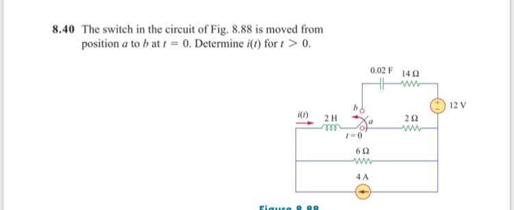 8.40 The switch in the circuit of Fig. 8.88 is moved from
position a to b at i = 0. Determine i(t) for i > 0.
0.02 F 142
12 V
2 H
ele
6 2
4 A
Eigure Q 00
