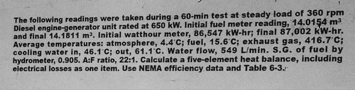 The following readings were taken during a 60-min test at steady load of 360 rpm
Diesel engine-generator unit rated at 650 kW. Initial fuel meter reading, 14.0154 m³
and final 14.1811 m³. Initial watthour meter, 86,547 kW-hr; final 87,002 kW-hr.
Average temperatures: atmosphere, 4.4'C; fuel, 15.6°C; exhaust gas, 416.7°C;
cooling water in, 46.1 C; out, 61.1 C. Water flow, 549 L/min. S.G. of fuel by
hydrometer, 0.905. A:F ratio, 22:1. Calculate a five-element heat balance, including
electrical losses as one item. Use NEMA efficiency data and Table 6-3.