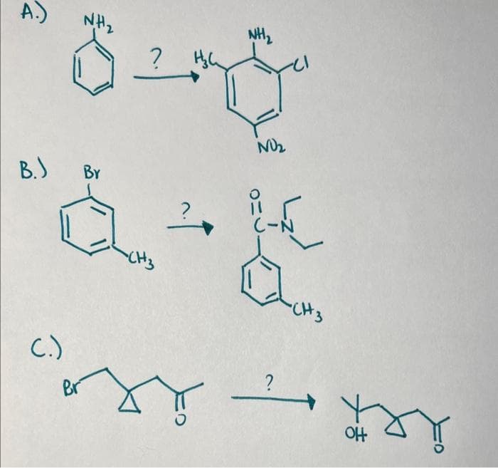 A.)
B.)
? H₂4
C.)
NH₂
NO₂
By
& -f
-N
CH3
-CH3
OH
Ţ