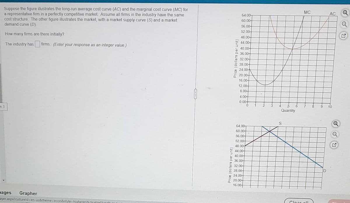 Suppose the figure illustrates the long-run average cost curve (AC) and the marginal cost curve (MC) for
a representative firm in a perfectly competitive market. Assume all firms in the industry have the same
cost structure. The other figure illustrates the market, with a market supply curve (S) and a market
demand curve (D).
n 3
How many firms are there initially?
The industry has firms. (Enter your response as an integer value.)
pages Grapher
ayer.aspx?cultureld=en-us&theme=econ&style=highered&disableStandhulpdiut
@
Price (dollars per unit)
Price (dollars per unit)
64.00
60.00-
56.00
52.00-
48.00
44.00
40.00
36.00
32.00
28.00-
24.00
20.00-
16.00-
12.00-
8.00
4.00
0.00
64.00
60.00
56.00-
52.00
48.00-
44.00-
40.00-
36.00
32.00
28.00
24.00
20.00
16.00
0
1 2
Quantity
S
MC
Clear all
9
D
AC
10
Q
Q
Q
G