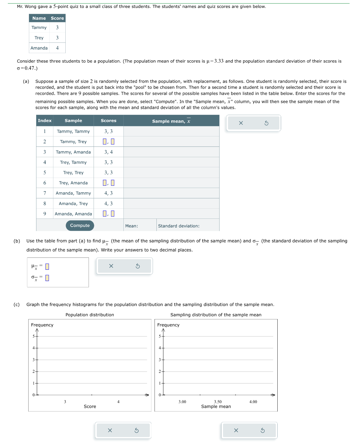 Mr. Wong gave a 5-point quiz to a small class of three students. The students' names and quiz scores are given below.
Consider these three students to be a population. (The population mean of their scores is μ-3.33 and the population standard deviation of their scores is
o=0.47.)
(b)
Name Score
Tammy 3
Trey 3
Amanda 4
(c)
(a) Suppose a sample of size 2 is randomly selected from the population, with replacement, as follows. One student is randomly selected, their score is
recorded, and the student is put back into the "pool" to be chosen from. Then for a second time a student is randomly selected and their score is
recorded. There are 9 possible samples. The scores for several of the possible samples have been listed in the table below. Enter the scores for the
remaining possible samples. When you are done, select "Compute". In the "Sample mean, x" column, you will then see the sample mean of the
scores for each sample, along with the mean and standard deviation of all the column's values.
5-
4.
3.
Index
1
2-
2
1
3
Frequency
0-
4
5
6
7
8
9
Sample
Tammy, Tammy
Tammy, Trey
Tammy, Amanda
Trey, Tammy
Trey, Trey
Trey, Amanda
Amanda, Tammy
Amanda, Trey
Amanda, Amanda
Compute
Use the table from part (a) to find µ- (the mean of the sampling distribution of the sample mean) and o- (the standard deviation of the sampling
distribution of the sample mean). Write your answers to two decimal places.
Graph the frequency histograms for the population distribution and the sampling distribution of the sample mean.
Population distribution
Sampling distribution of the sample mean
Scores
3,3
0,0
3,4
3,3
3,3
0.0
4,3
3
4,3
0,0
Score
X
Mean:
X
Sample mean, x
4
Standard deviation:
Frequency
4-
3.
1-
0-
X
3.00
3.50
Sample mean
X
4.00