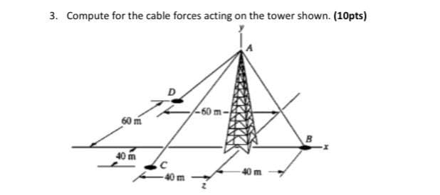 3. Compute for the cable forces acting on the tower shown. (10pts)
-60 m-
60 m
-40 m
