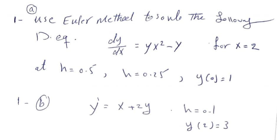 1- use Euler Methoel tosoulb The Lolloune
dy
for x=2
at h=o.Ś, hzo.25, ycos=l
h=o.25
O -
1- 6)
h=ol
y(?)= }
