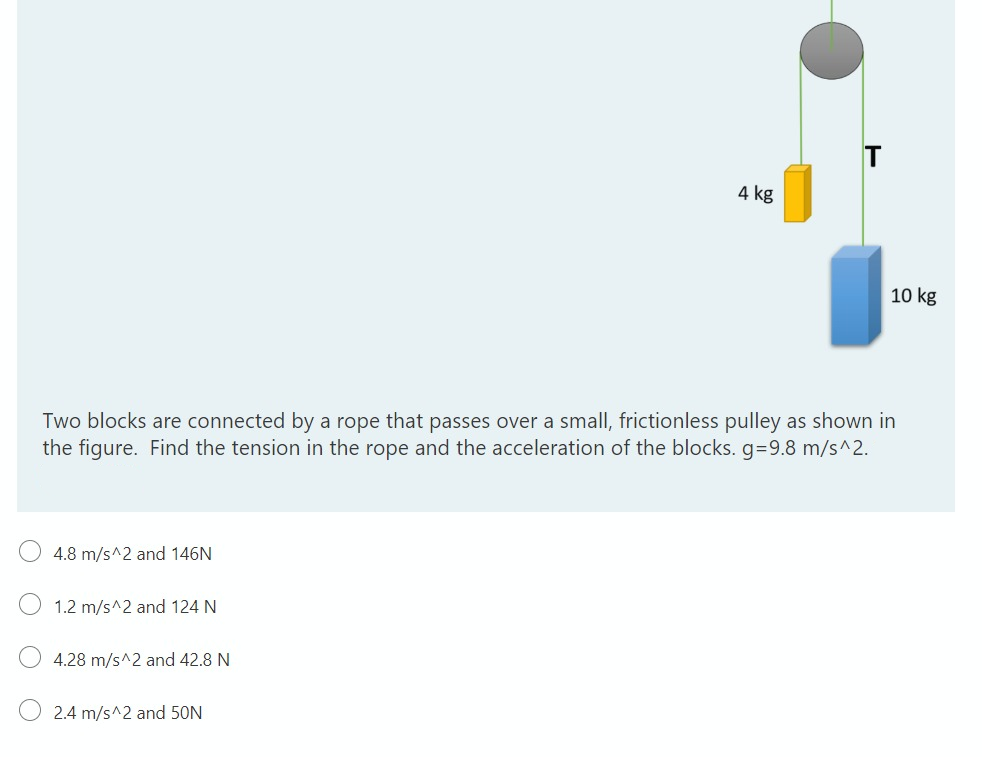 T
4 kg
10 kg
Two blocks are connected by a rope that passes over a small, frictionless pulley as shown in
the figure. Find the tension in the rope and the acceleration of the blocks. g=9.8 m/s^2.
4.8 m/s^2 and 146N
1.2 m/s^2 and 124 N
O 4.28 m/s^2 and 42.8 N
2.4 m/s^2 and 50N
