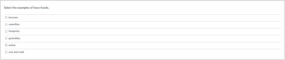 Select the examples of trace fossils.
O burrows
O coprolites
O footprints
pastroliths
D amber
O cast and mold
