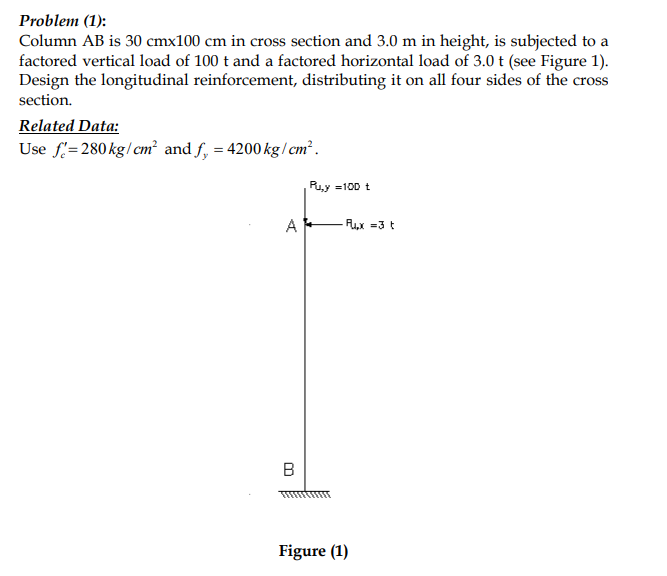 Problem (1):
Column AB is 30 cmx100 cm in cross section and 3.0 m in height, is subjected to a
factored vertical load of 100 t and a factored horizontal load of 3.0 t (see Figure 1).
Design the longitudinal reinforcement, distributing it on all four sides of the cross
section.
Related Data:
Use f=280 kg/ cm² and f, = 4200 kg/cm².
Ru,y =100 t
A
Rux =3 t
B
Figure (1)
