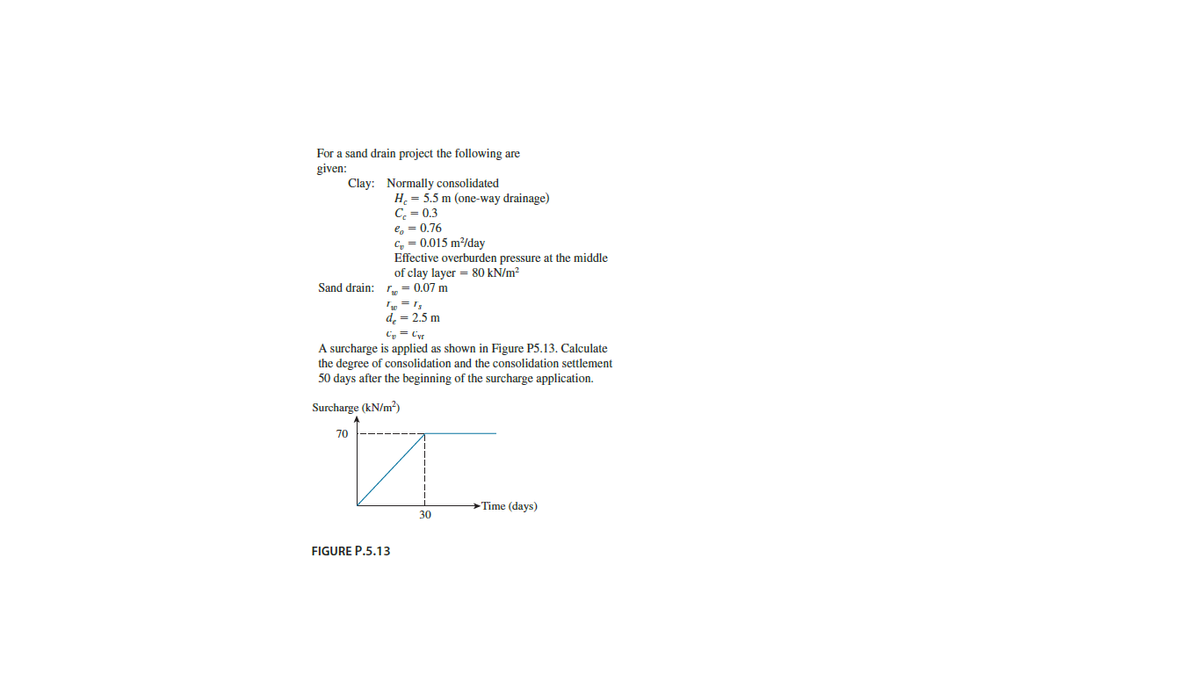 For a sand drain project the following are
given:
Clay: Normally consolidated
H. = 5.5 m (one-way drainage)
C = 0.3
e, = 0.76
C, = 0.015 m/day
Effective overburden pressure at the middle
of clay layer = 80 kN/m?
Sand drain: r= 0.07 m
de = 2.5 m
Cy = Cyr
A surcharge is applied as shown in Figure P5.13. Calculate
the degree of consolidation and the consolidation settlement
50 days after the beginning of the surcharge application.
Surcharge (kN/m?)
70
→Time (days)
30
FIGURE P.5.13
