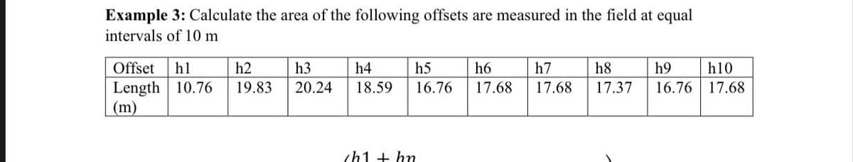 Example 3: Calculate the area of the following offsets are measured in the field at equal
intervals of 10 m
Offset h1
Length 10.76
(m)
h2
h3
19.83 20.24
h4
18.59
h5
h7
h6
16.76 17.68 17.68
ch1thn
h8
17.37
h9
16.76
h10
17.68