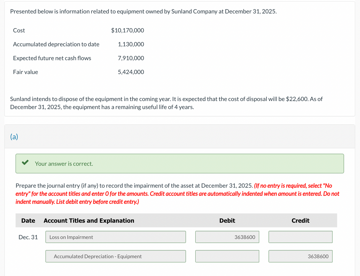 Presented below is information related to equipment owned by Sunland Company at December 31, 2025.
Cost
Accumulated depreciation to date
Expected future net cash flows
Fair value
(a)
Your answer is correct.
Sunland intends to dispose of the equipment in the coming year. It is expected that the cost of disposal will be $22,600. As of
December 31, 2025, the equipment has a remaining useful life of 4 years.
Date
$10,170,000
Dec. 31
1,130,000
7,910,000
Prepare the journal entry (if any) to record the impairment of the asset at December 31, 2025. (If no entry is required, select "No
entry" for the account titles and enter O for the amounts. Credit account titles are automatically indented when amount is entered. Do not
indent manually. List debit entry before credit entry.)
Loss on Impairment
5,424,000
Account Titles and Explanation
Accumulated Depreciation - Equipment
Debit
3638600
Credit
3638600