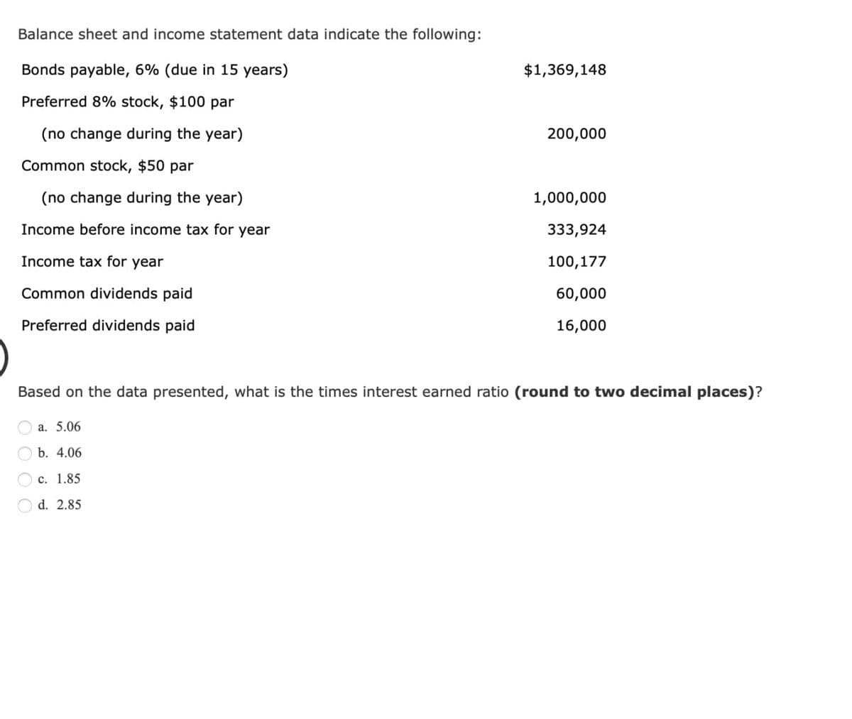 Balance sheet and income statement data indicate the following:
Bonds payable, 6% (due in 15 years)
Preferred 8% stock, $100 par
(no change during the year)
Common stock, $50 par
(no change during the year)
Income before income tax for year
Income tax for year
Common dividends paid
Preferred dividends paid
$1,369,148
a. 5.06
b. 4.06
c. 1.85
d. 2.85
200,000
1,000,000
333,924
100,177
60,000
16,000
Based on the data presented, what is the times interest earned ratio (round to two decimal places)?