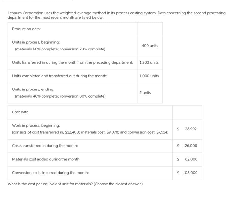 Lebaum Corporation uses the weighted-average method in its process costing system. Data concerning the second processing
department for the most recent month are listed below:
Production data:
Units in process, beginning:
(materials 60% complete; conversion 20% complete)
Units transferred in during the month from the preceding department:
Units completed and transferred out during the month:
Units in process, ending:
(materials 40% complete; conversion 80% complete)
Cost data:
Costs transferred in during the month:
Materials cost added during the month:
400 units
Conversion costs incurred during the month:
1,200 units
Work in process, beginning:
(consists of cost transferred in, $12,400; materials cost, $9,078; and conversion cost, $7,514)
1,000 units
? units
What is the cost per equivalent unit for materials? (Choose the closest answer.)
$
28,992
$ 126,000
$
82,000
$ 108,000