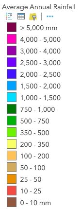 Average Annual Rainfall
> 5,000 mm
4,000 - 5,000
3,000 - 4,000
2,500 - 3,000
2,000 - 2,500
1,500 - 2,000
1,000 - 1,500
750 - 1,000
500 - 750
350 - 500
200 - 350
100 - 200
50 - 100
25 - 50
10 - 25
0- 10 mm
