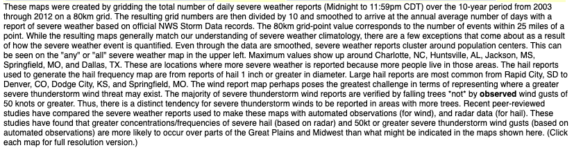 These maps were created by gridding the total number of daily severe weather reports (Midnight to 11:59pm CDT) over the 10-year period from 2003
through 2012 on a 80km grid. The resulting grid numbers are then divided by 10 and smoothed to arrive at the annual average number of days with a
report of severe weather based on official NWS Storm Data records. The 80km grid-point value corresponds to the number of events within 25 miles of a
point. While the resulting maps generally match our understanding of severe weather climatology, there are a few exceptions that come about as a result
of how the severe weather event is quantified. Even through the data are smoothed, severe weather reports cluster around population centers. This can
be seen on the "any" or "all" severe weather map in the upper left. Maximum values show up around Charlotte, NC, Huntsville, AL, Jackson, MS,
Springfield, MO, and Dallas, TX. These are locations where more severe weather is reported because more people live in those areas. The hail reports
used to generate the hail frequency map are from reports of hail 1 inch or greater in diameter. Large hail reports are most common from Rapid City, SD to
Denver, CO, Dodge City, KS, and Springfield, MO. The wind report map perhaps poses the greatest challenge in terms of representing where a greater
severe thunderstorm wind threat may exist. The majority of severe thunderstorm wind reports are verified by falling trees "not* by observed wind gusts of
50 knots or greater. Thus, there is a distinct tendency for severe thunderstorm winds to be reported in areas with more trees. Recent peer-reviewed
studies have compared the severe weather reports used to make these maps with automated observations (for wind), and radar data (for hail). These
studies have found that greater concentrations/frequencies of severe hail (based on radar) and 50kt or greater severe thunderstorm wind gusts (based on
automated observations) are more likely to occur over parts of the Great Plains and Midwest than what might be indicated in the maps shown here. (Click
each map for full resolution version.)
