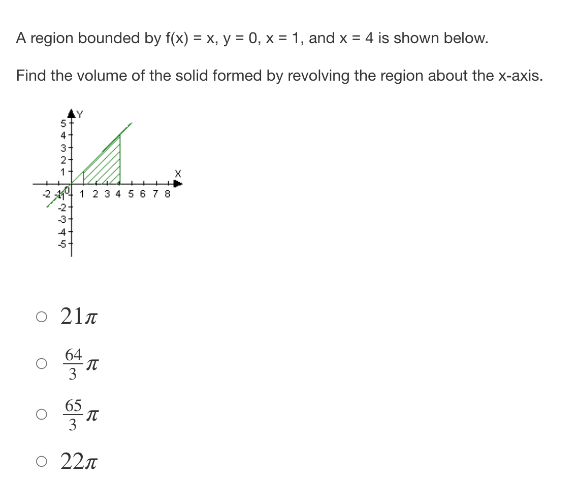 A region bounded by f(x) = x, y = 0, x = 1, and x = 4 is shown below.
Find the volume of the solid formed by revolving the region about the x-axis.
5
4
3
fa
1 2 3 4 5 6 7 8
21π
64
3
65
T
π
22π
X