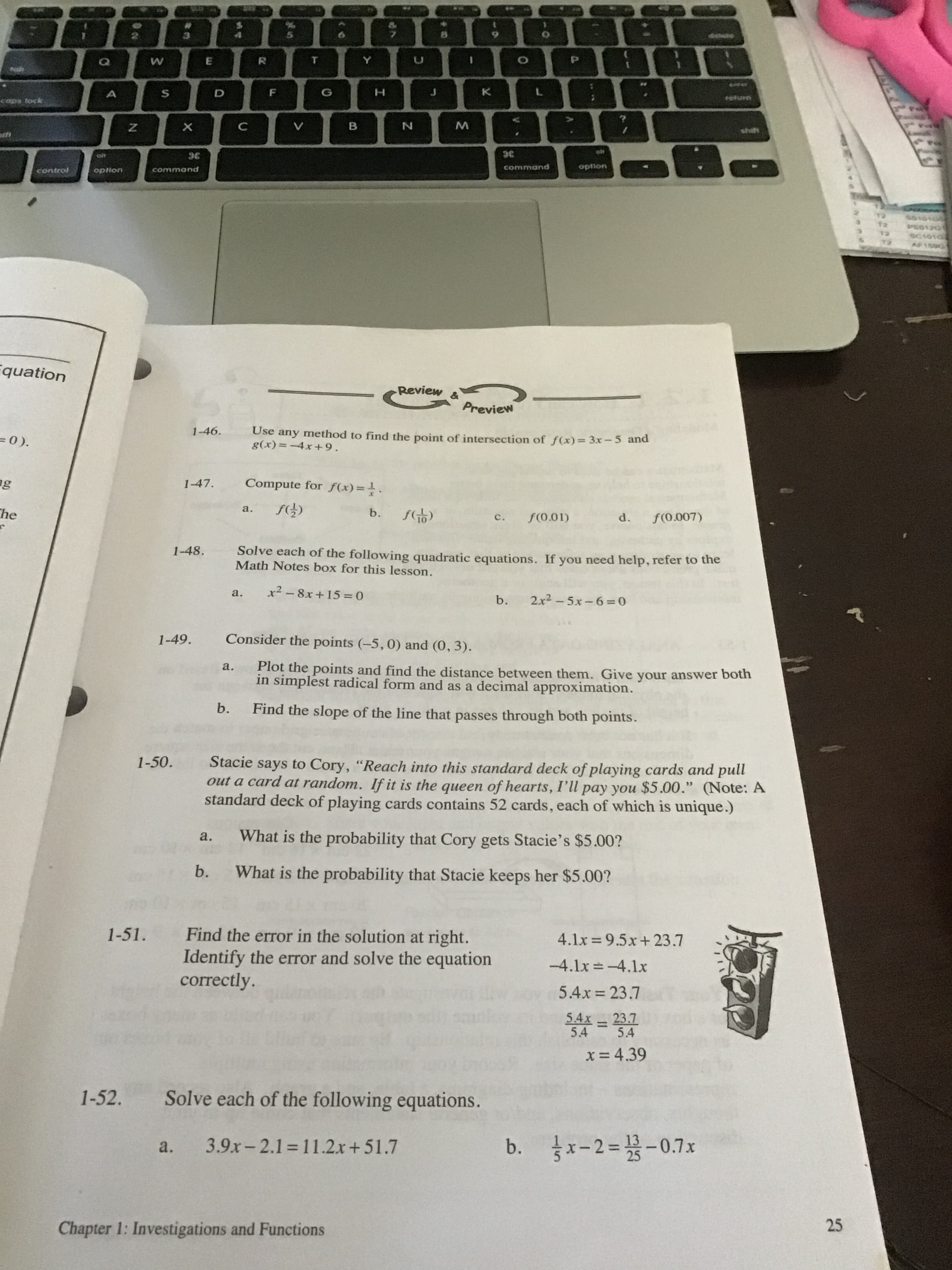 1-48.
Solve each of the following quadratic equations. If you need help, refer to the
Math Notes box for this lesson.
a.
x² - 8x+15 = 0
b.
2x2 - 5x-6=0
