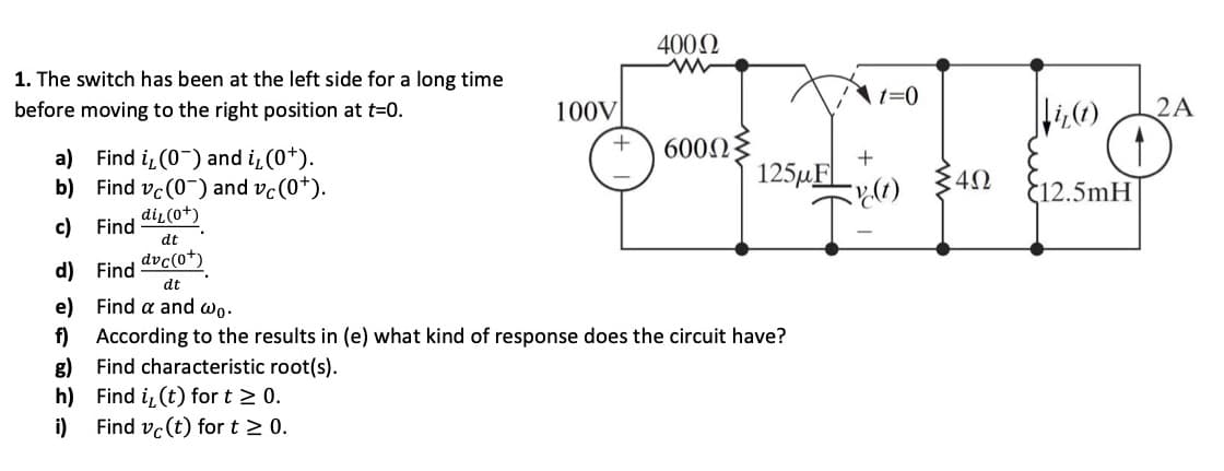 1. The switch has been at the left side for a long time
t=0
before moving to the right position at t=0.
100V
2A
6002
a) Find i (0-) and i (0*).
b) Find vc(0-) and vc(0*).
125µEL
42
12.5mH
di̟(0+)
c) Find
dt
dvc(0+)
d) Find
dt
e) Find a and wo.
f) According to the results in (e) what kind of response does the circuit have?
g) Find characteristic root(s).
h) Find i (t) for t 2 0.
i)
Find vc(t) for t 2 0.
