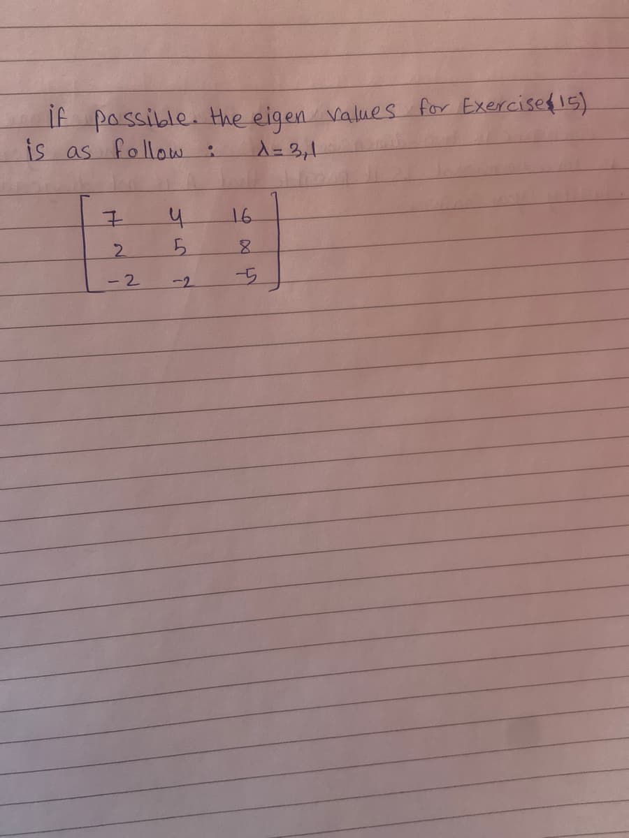 If passible. the eigen values for Exercisedis).
is as follow
A= 3,1
4.
16
5.
-2
-2
