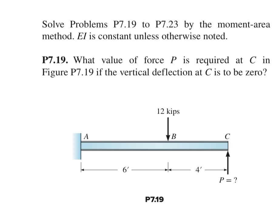 Solve Problems P7.19 to P7.23 by the moment-area
method. El is constant unless otherwise noted.
P7.19. What value of force P is required at Cin
Figure P7.19 if the vertical deflection at C is to be zero?
A
6' -
12 kips
B
+
P7.19
4'
C
P = ?