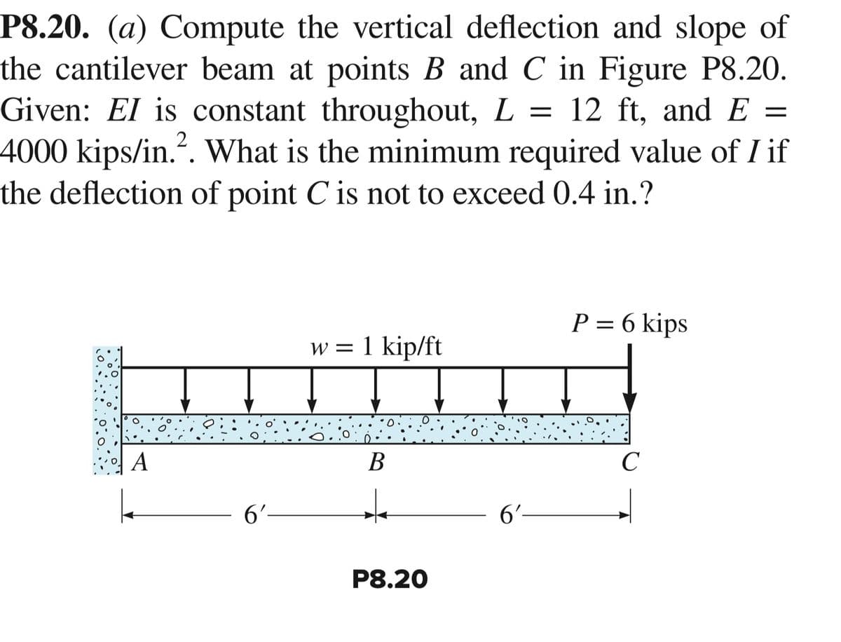 P8.20. (a) Compute the vertical deflection and slope of
the cantilever beam at points B and C in Figure P8.20.
Given: El is constant throughout, L = 12 ft, and E =
4000 kips/in.². What is the minimum required value of I if
the deflection of point C is not to exceed 0.4 in.?
A
6'-
w = 1 kip/ft
B
P8.20
6'-
P = 6 kips
C