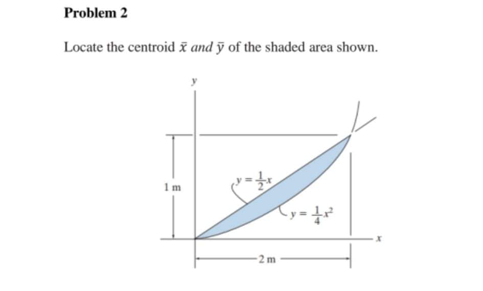 Problem 2
Locate the centroid x and ỹ of the shaded
area shown.
1 m
2 m
