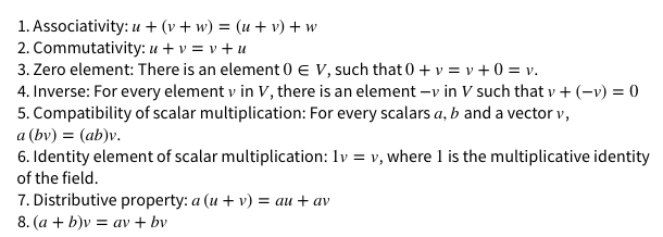 1. Associativity: u + (v + w) = (u + v) + w
2. Commutativity: u + v = v + u
3. Zero element: There is an element 0 e V, such that 0 + v = v + 0 = v.
4. Inverse: For every element v in v, there is an element –v in V such that v + (-v) = 0
5. Compatibility of scalar multiplication: For every scalars a, b and a vector v,
a (bv) = (ab)v.
6. Identity element of scalar multiplication: 1v = v, where 1 is the multiplicative identity
of the field.
7. Distributive property: a (u + v) = au + av
8. (a + b)v = av + bv
