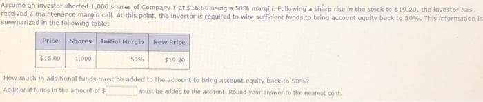 Assume an investor shorted 1,000 shares of Company Y at $16.00 using a 50% margin. Following a sharp rise in the stock to $19.20, the investor has
received a maintenance margin call. At this point, the investor is required to wire sufficient funds to bring account equity back to 50%. This information is
summarized in the following table:
Price
$16.00
Shares Initial Margin New Price
1,000
50%
$19.20
How much in additional funds must be added to the account to bring account equity back to 50%?
Additional funds in the amount of $
must be added to the account. Round your answer to the nearest cent.