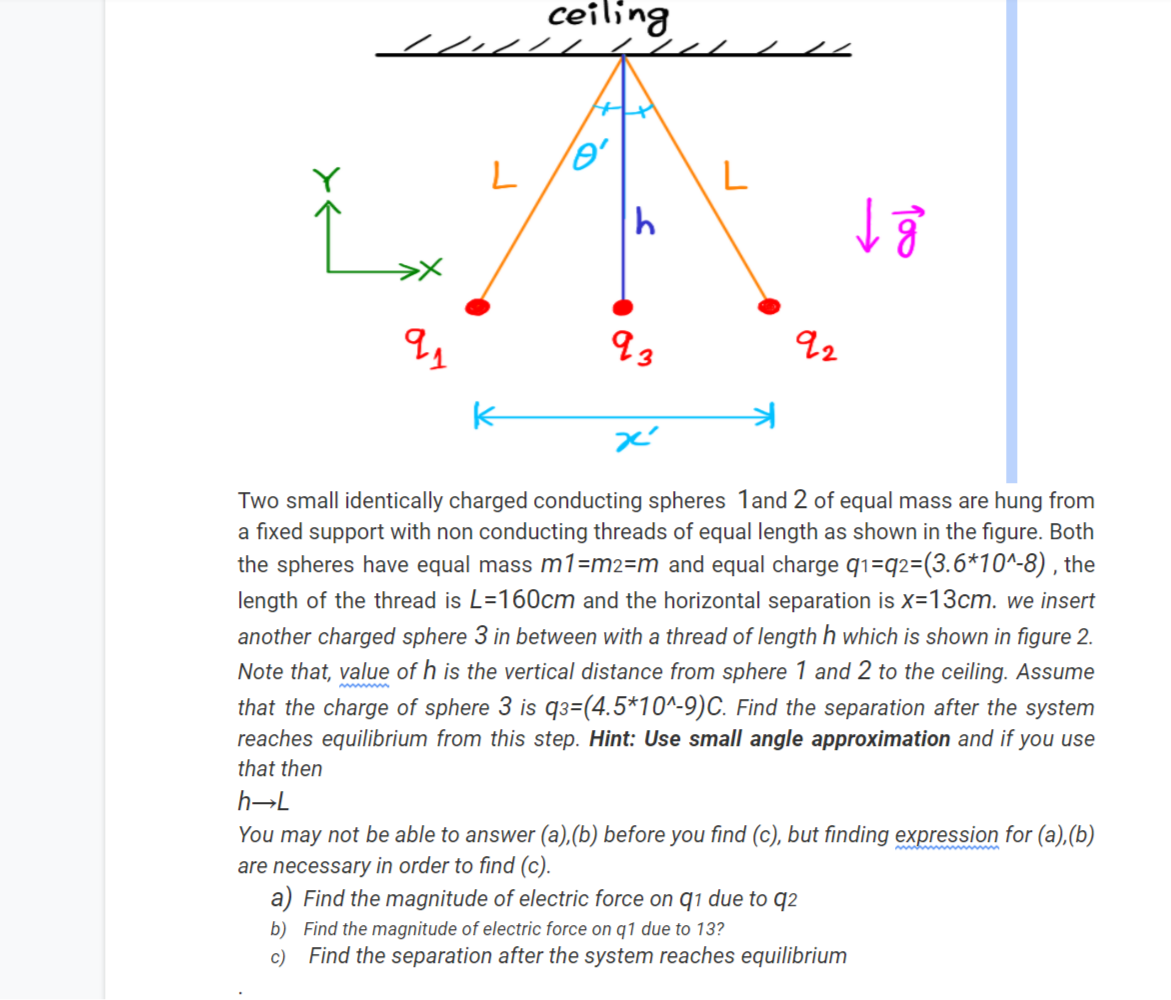 ceiling
L
92
Two small identically charged conducting spheres 1and 2 of equal mass are hung from
a fixed support with non conducting threads of equal length as shown in the figure. Both
the spheres have equal mass m1=m2=m and equal charge qı=q2=(3.6*10^-8) , the
length of the thread is L=160cm and the horizontal separation is x=13cm. we insert
another charged sphere 3 in between with a thread of length h which is shown in figure 2.
Note that, value of h is the vertical distance from sphere 1 and 2 to the ceiling. Assume
that the charge of sphere 3 is q3=(4.5*10^-9)C. Find the separation after the system
reaches equilibrium from this step. Hint: Use small angle approximation and if you use
that then
h→L
You may not be able to answer (a),(b) before you find (c), but finding expression for (a),(b)
are necessary in order to find (c).
a) Find the magnitude of electric force on q1 due to q2
momm m
b) Find the magnitude of electric force on q1 due to 13?
c) Find the separation after the system reaches equilibrium
as
