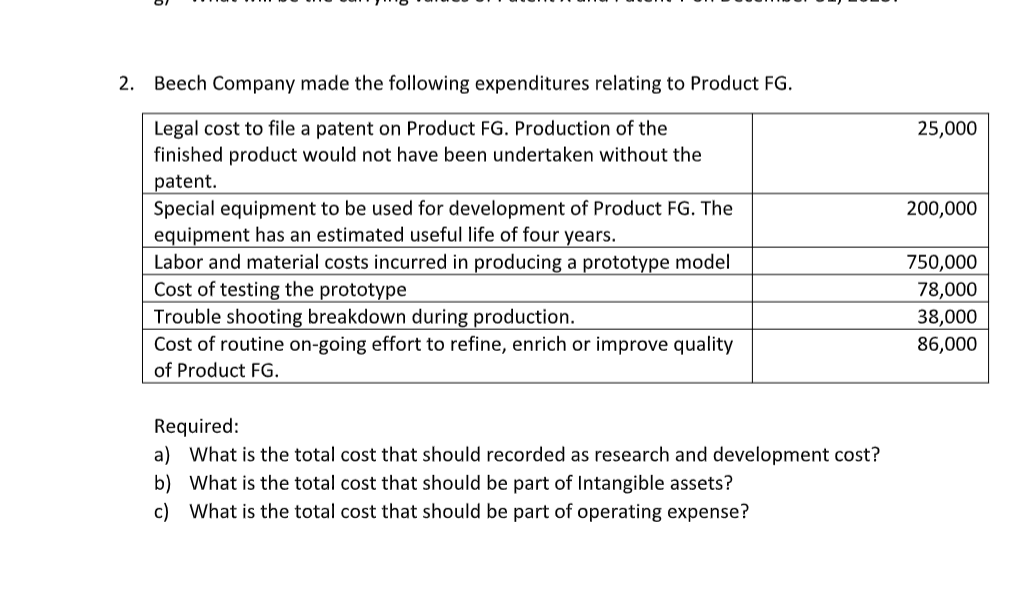 2. Beech Company made the following expenditures relating to Product FG.
Legal cost to file a patent on Product FG. Production of the
finished product would not have been undertaken without the
25,000
patent.
Special equipment to be used for development of Product FG. The
equipment has an estimated useful life of four years.
Labor and material costs incurred in producing a prototype model
Cost of testing the prototype
Trouble shooting breakdown during production.
Cost of routine on-going effort to refine, enrich or improve quality
200,000
750,000
78,000
38,000
86,000
of Product FG.
Required:
a) What is the total cost that should recorded as research and development cost?
b) What is the total cost that should be part of Intangible assets?
c) What is the total cost that should be part of operating expense?
