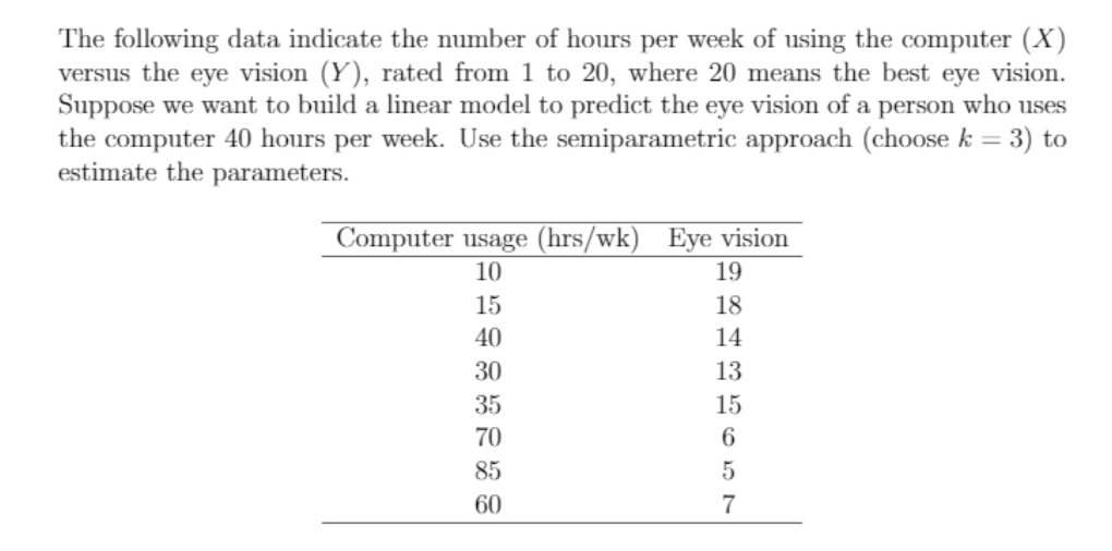 The following data indicate the number of hours per week of using the computer (X)
versus the eye vision (Y), rated from 1 to 20, where 20 means the best eye vision.
Suppose we want to build a linear model to predict the eye vision of a person who uses
the computer 40 hours per week. Use the semiparametric approach (choose k = 3) to
estimate the parameters.
Computer usage (hrs/wk) Eye vision
10
19
15
18
40
14
30
13
35
15
70
6
85
60
7
