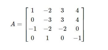 **Matrix Representation**

In this section, we explore the properties and applications of matrices in the field of linear algebra. Below is a 4x4 matrix \( A \). Matrices are fundamental components in various mathematical computations, particularly in solving systems of linear equations, transformation of geometric figures, and in various fields including engineering and physics.

The matrix \( A \) is defined as:

\[ A = \begin{bmatrix}
1 & -2 & 3 & 4 \\
0 & -3 & 3 & 4 \\
-1 & -2 & -2 & 0 \\
0 & 1 & 0 & -1
\end{bmatrix} \]

### Explanation of Matrix Structure:

- The matrix \( A \) consists of 4 rows and 4 columns, symbolizing its structure as a 4x4 matrix.
- Each element in the matrix is identified using the notation \( a_{ij} \), where \( i \) represents the row number and \( j \) represents the column number.

### Components:

- **First Row:** The first row contains the elements \( [1, -2, 3, 4] \).
- **Second Row:** The second row contains the elements \( [0, -3, 3, 4] \).
- **Third Row:** The third row contains the elements \( [-1, -2, -2, 0] \).
- **Fourth Row:** The fourth row contains the elements \( [0, 1, 0, -1] \).

### Applications of Matrices:

1. **Solving Systems of Linear Equations:** By expressing the system as a matrix equation, solutions can be found using various methods such as Gaussian elimination, Cramer's rule, or matrix inversion.
2. **Transformations in Geometry:** Matrices can represent transformations such as rotations, translations, and scaling.
3. **Computer Graphics:** Used in rendering objects and computer-generated imagery.
4. **Engineering and Physics:** Matrices are used to model and solve problems related to circuits, optics, and more.

Understanding how to manipulate and interpret matrices is essential for advanced studies in mathematics and its applications to real-world problems.