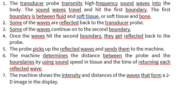 1. The transducer probe transmits high-frequency sound waves into the
body. The sound waves travel and hit the first boundary. The first
boundary is between fluid and soft tissue, or soft tissue and bone.
2. Some of the waves are reflected back to the transducer probe.
3. Some of the waves continue on to the second boundary.
4. Once the waves hit the second boundary, they get reflected back to the
probe.
5. The probe picks up the reflected waves and sends them to the machine.
6. The machine determines the distance between the probe and the
boundaries by using sound speed in tissue and the time of returning each
reflected wave.
7. The machine shows the intensity and distances of the waves that form a 2-
D image in the display.
www w
www
ww
