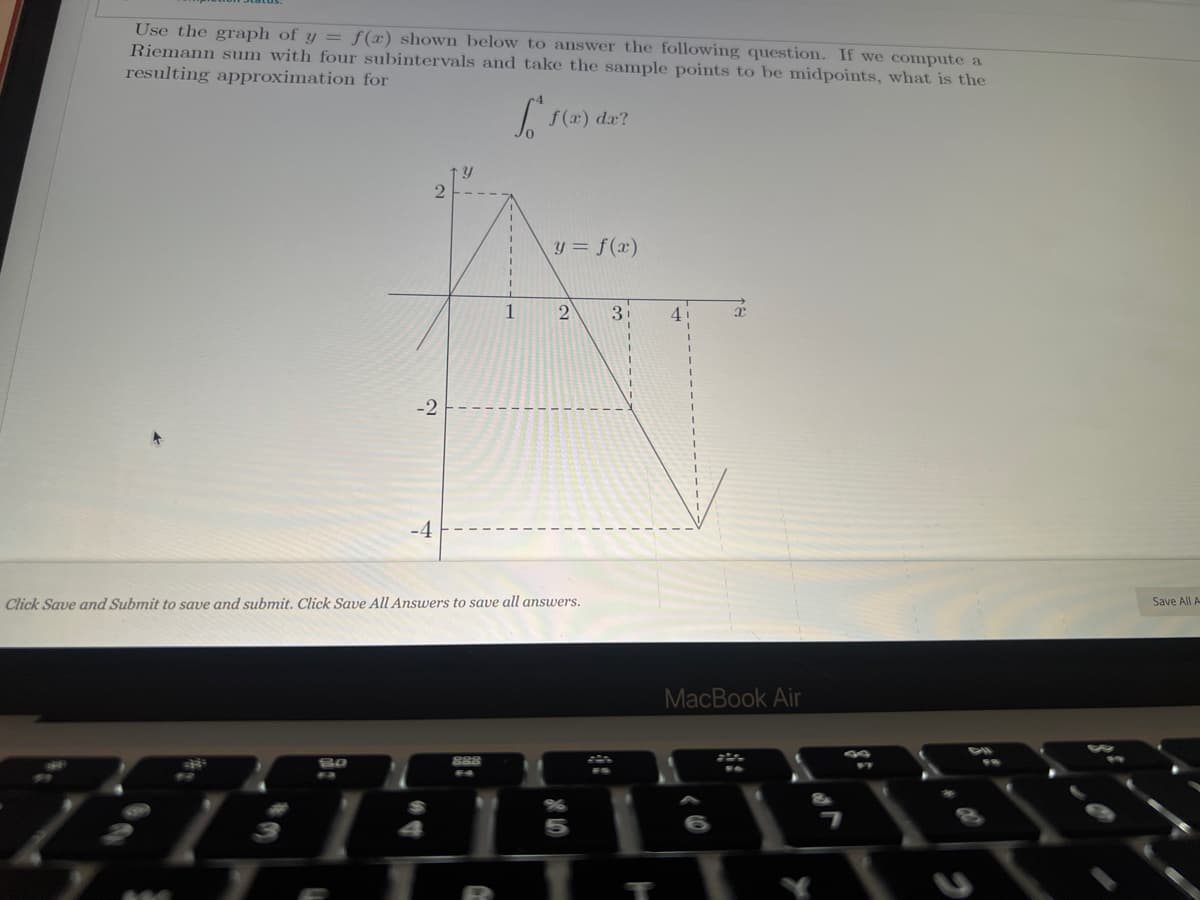 Use the graph of y = f(r) shown below to answer the following question. If we compute a
Riemann sum with four subintervals and take the sample points to be midpoints, what is the
resulting approximation for
f^f(x) da?
80
-2
4
-4
1
Click Save and Submit to save and submit. Click Save All Answers to save all answers.
888
y = f (x)
2
3i
MacBook Air
Save All A