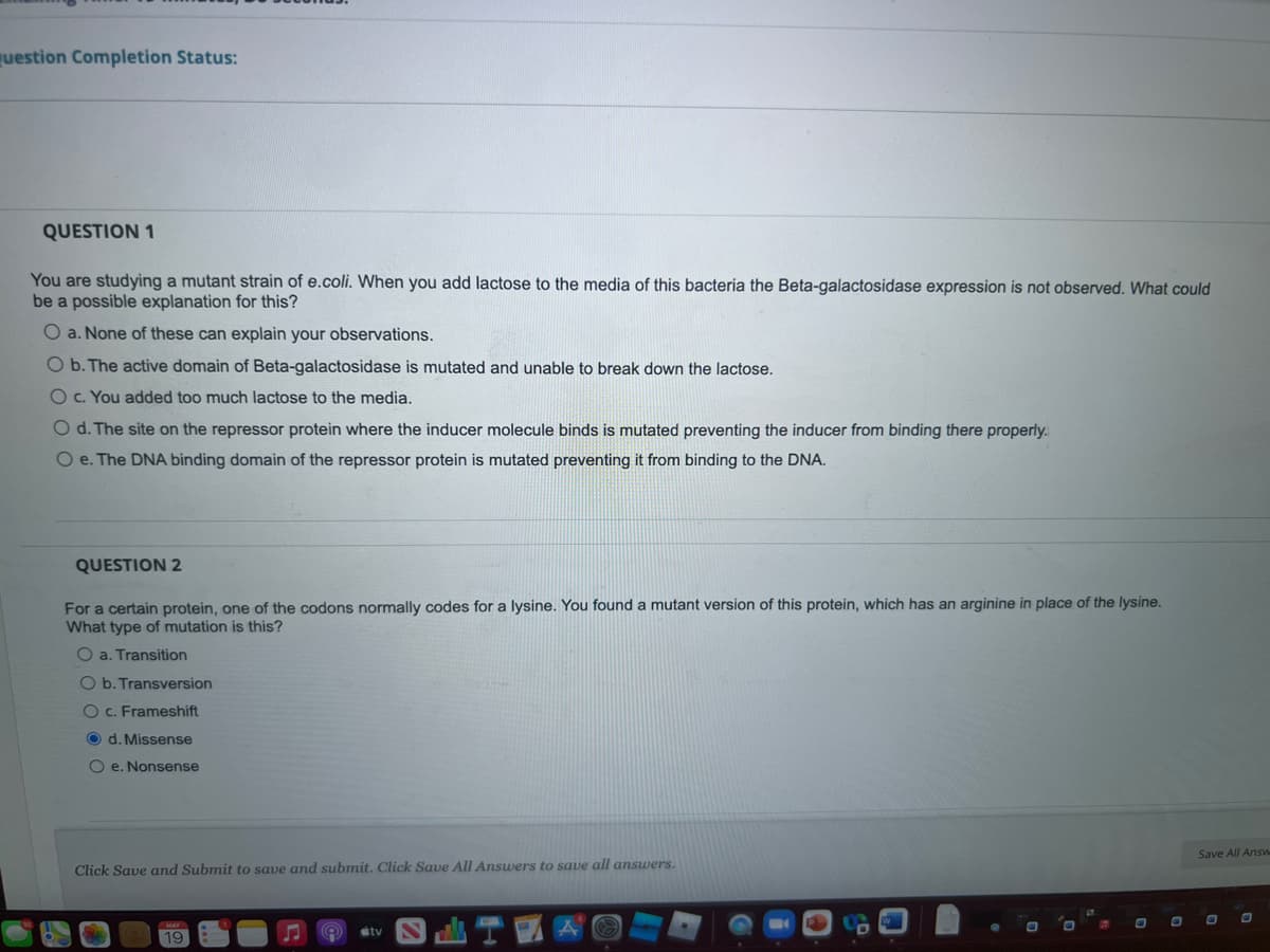 Question Completion Status:
QUESTION 1
You are studying a mutant strain of e.coli. When you add lactose to the media of this bacteria the Beta-galactosidase expression is not observed. What could
be a possible explanation for this?
O a. None of these can explain your observations.
O b. The active domain of Beta-galactosidase is mutated and unable to break down the lactose.
O c. You added too much lactose to the media.
O d.The site on the repressor protein where the inducer molecule binds is mutated preventing the inducer from binding there properly.
O e. The DNA binding domain of the repressor protein is mutated preventing it from binding to the DNA.
QUESTION 2
For a certain protein, one of the codons normally codes for a lysine. You found a mutant version of this protein, which has an arginine in place of the lysine.
What type of mutation is this?
O a. Transition
O b. Transversion
O c. Frameshift
Od. Missense
Oe. Nonsense
Save All Answ
Click Save and Submit to save and submit. Click Save All Answers to save all answers.
tv
19
27
O
O