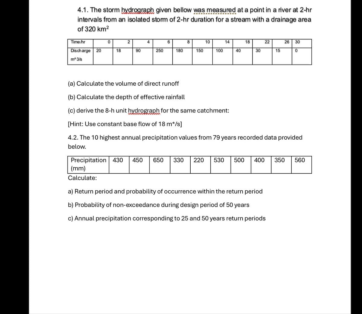 4.1. The storm hydrograph given bellow was measured at a point in a river at 2-hr
intervals from an isolated storm of 2-hr duration for a stream with a drainage area
of 320 km²
Time/hr
0
2
4
6
8
10
14
18
22
26 30
Discharge 20
18
90
250
180
150
100
40
30
15
0
m^3/s
(a) Calculate the volume of direct runoff
(b) Calculate the depth of effective rainfall
(c) derive the 8-h unit hydrograph for the same catchment:
[Hint: Use constant base flow of 18 m*/s]
4.2. The 10 highest annual precipitation values from 79 years recorded data provided
below.
Precipitation 430 450 650 330 220 530
500 400 350 560
(mm)
Calculate:
a) Return period and probability of occurrence within the return period
b) Probability of non-exceedance during design period of 50 years
c) Annual precipitation corresponding to 25 and 50 years return periods
