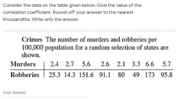 Consider the data on the table given below. Give the value of the
correlation coefficient. Round-off your answer to the nearest
thousandths. Write only the answer.
Crimes The number of murders and robberies per
100,000 population for a random selection of states are
shown.
Murders
2.4 2.7
5.6
2.6 2.1 3.3 6.6 5.7
Robberies
25.3 14.3 151.6 91.1 80 49 173 95.8
Your answer
