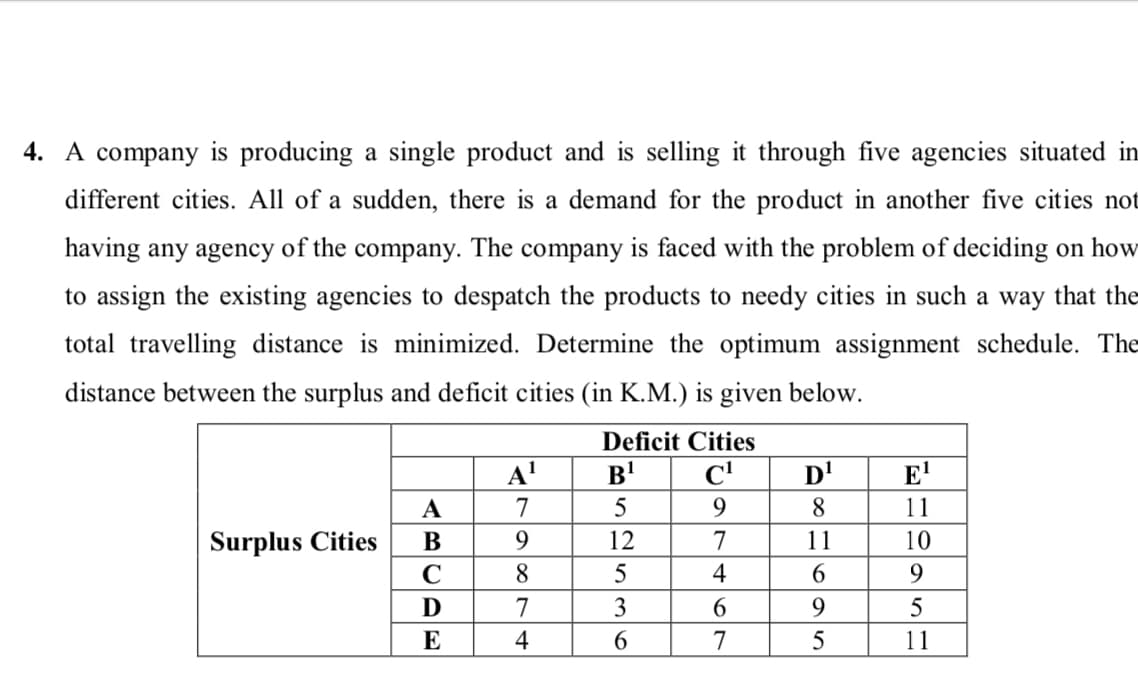 4. A company is producing a single product and is selling it through five agencies situated in
different cities. All of a sudden, there is a demand for the product in another five cities not
having any agency of the company. The company is faced with the problem of deciding on how
to assign the existing agencies to despatch the products to needy cities in such a way that the
total travelling distance is minimized. Determine the optimum assignment schedule. The
distance between the surplus and deficit cities (in K.M.) is given below.
Deficit Cities
A'
B'
C'
D'
E'
A
7
5
9.
8.
11
Surplus Cities
C
В
9.
12
7
11
10
8
4
6.
9.
D
7
3
9.
5
E
4
5
11
67
