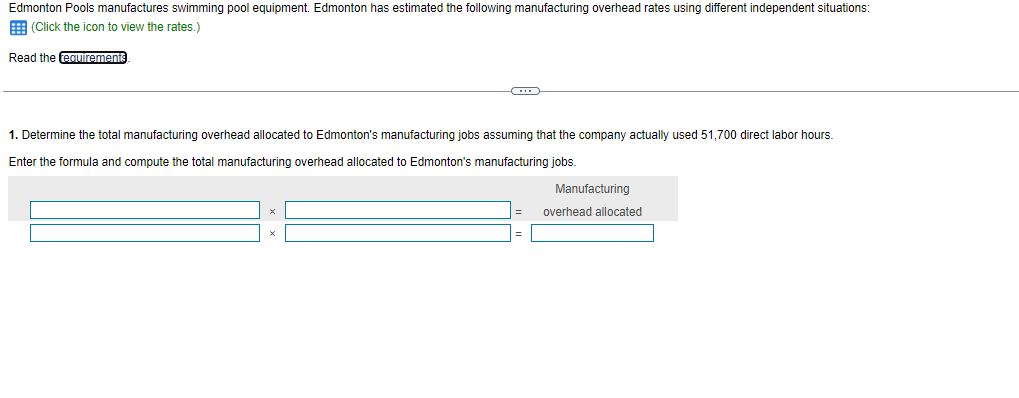 Edmonton Pools manufactures swimming pool equipment. Edmonton has estimated the following manufacturing overhead rates using different independent situations:
(Click the icon to view the rates.)
Read the requirements
C
1. Determine the total manufacturing overhead allocated to Edmonton's manufacturing jobs assuming that the company actually used 51,700 direct labor hours.
Enter the formula and compute the total manufacturing overhead allocated to Edmonton's manufacturing jobs.
Manufacturing
overhead allocated