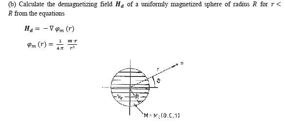 (b) Calculate the demagnetizing field Ha of a uniformly magnetized sphere of radius R for r<
R from the equations
Ha = - Vm (r)
1
Pm (r)
4 7
M= M:(0.C.1)
